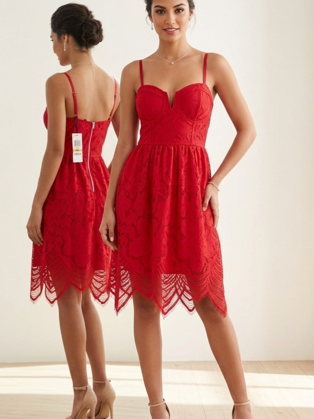 Red Lace Sweetheart Mini Dress - Unbranded
